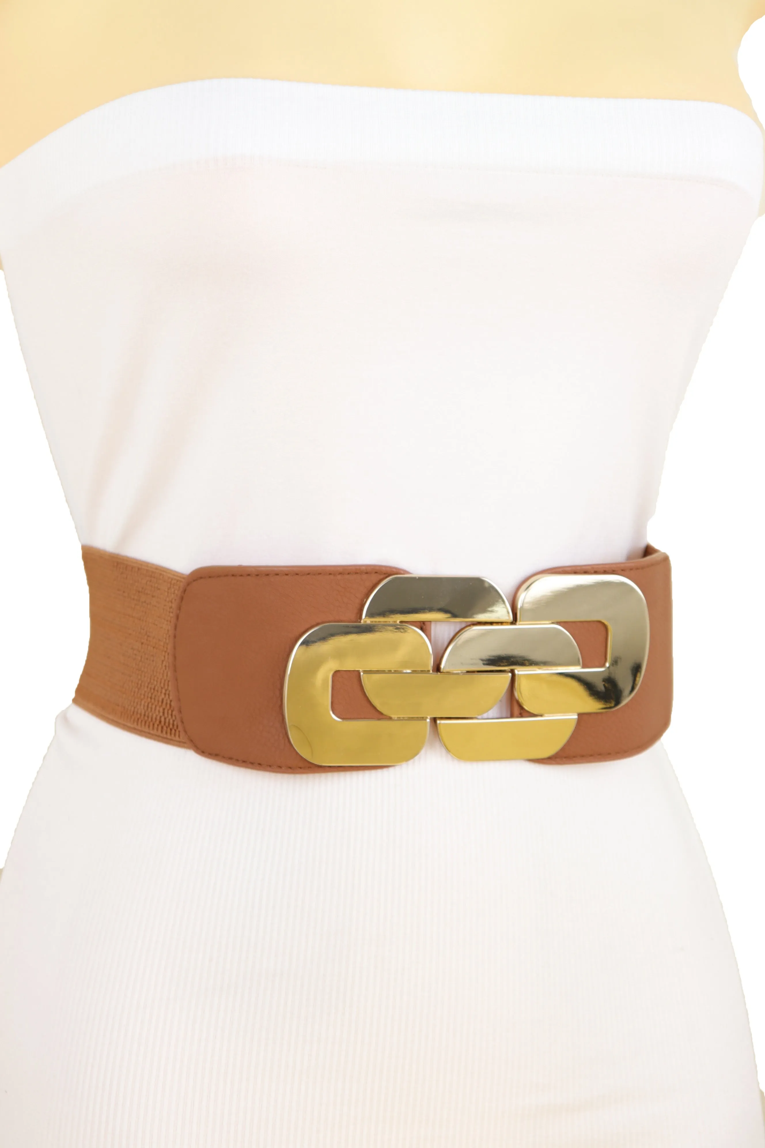 Stretch Brown Waistband Fashion Wide Belt Gold Metal Chain Link Buckle M L