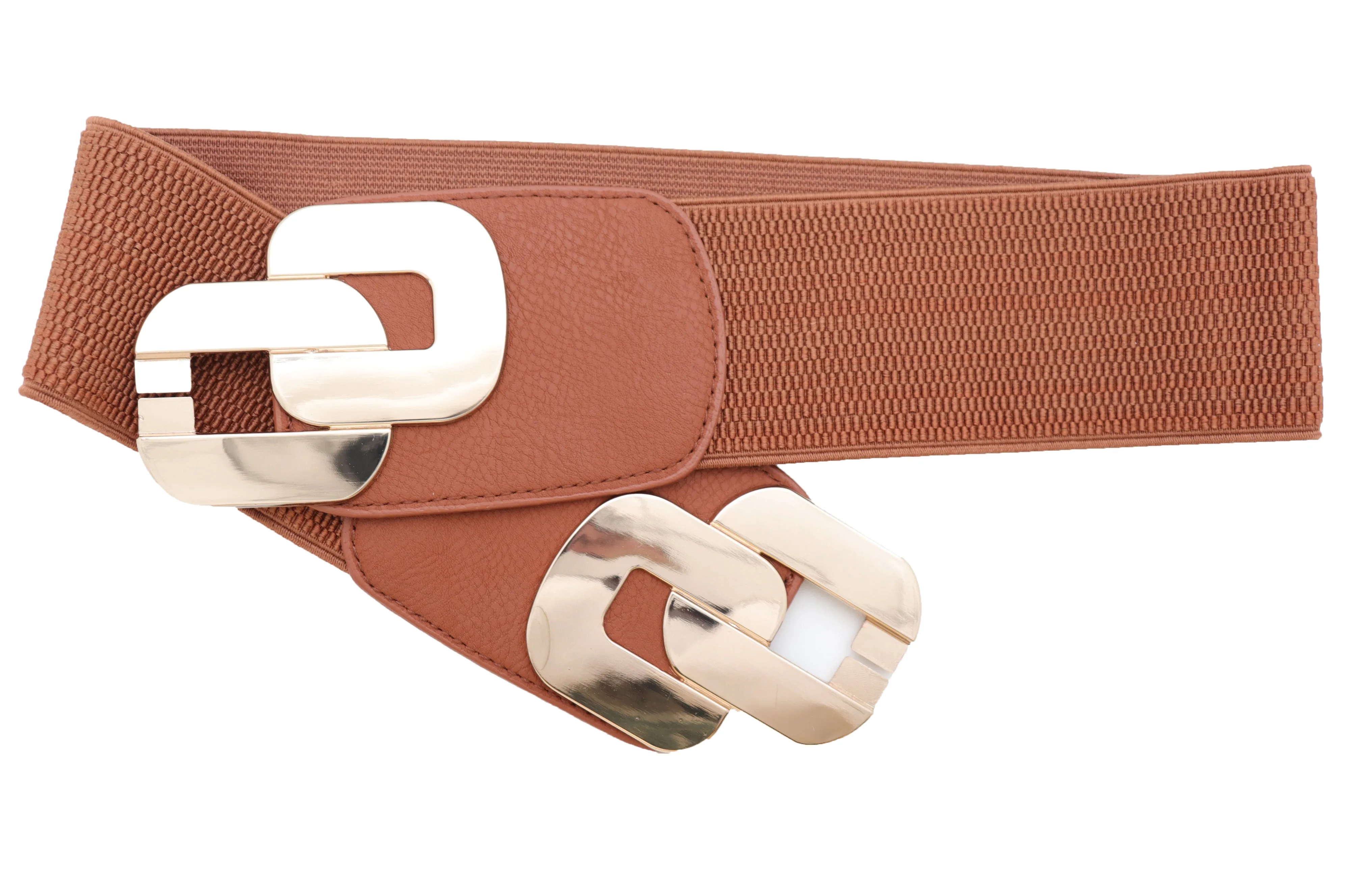 Stretch Brown Waistband Fashion Wide Belt Gold Metal Chain Link Buckle M L