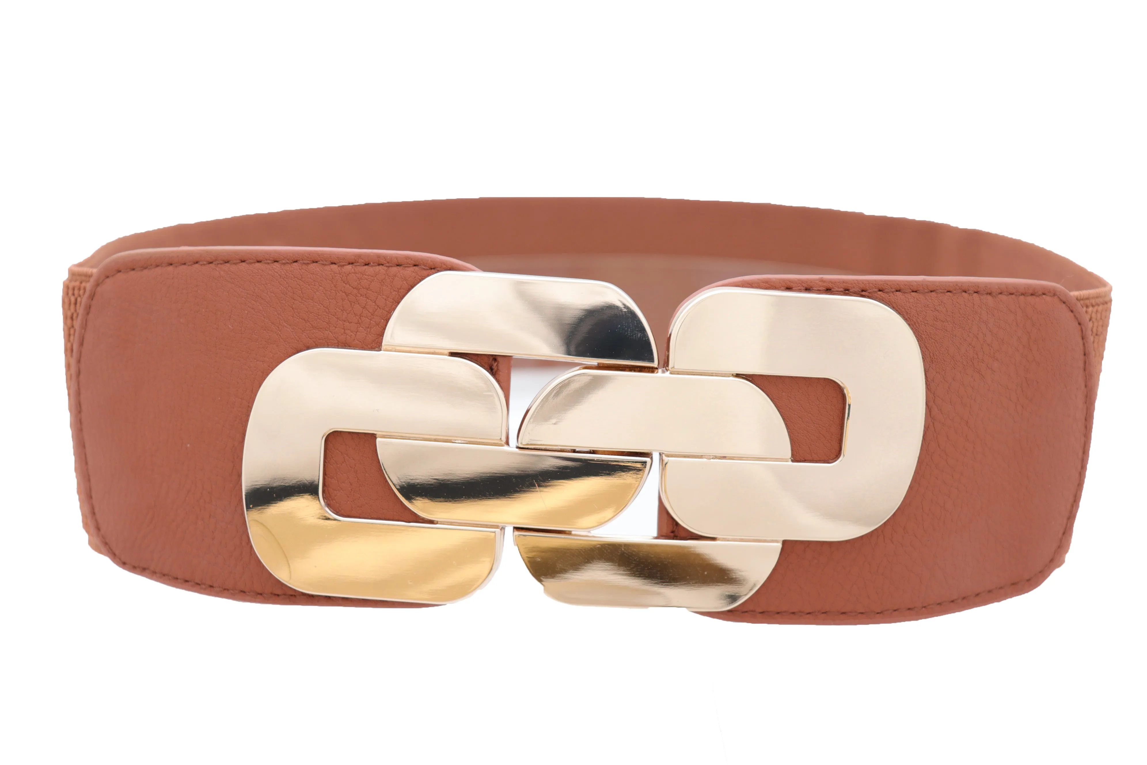 Stretch Brown Waistband Fashion Wide Belt Gold Metal Chain Link Buckle M L