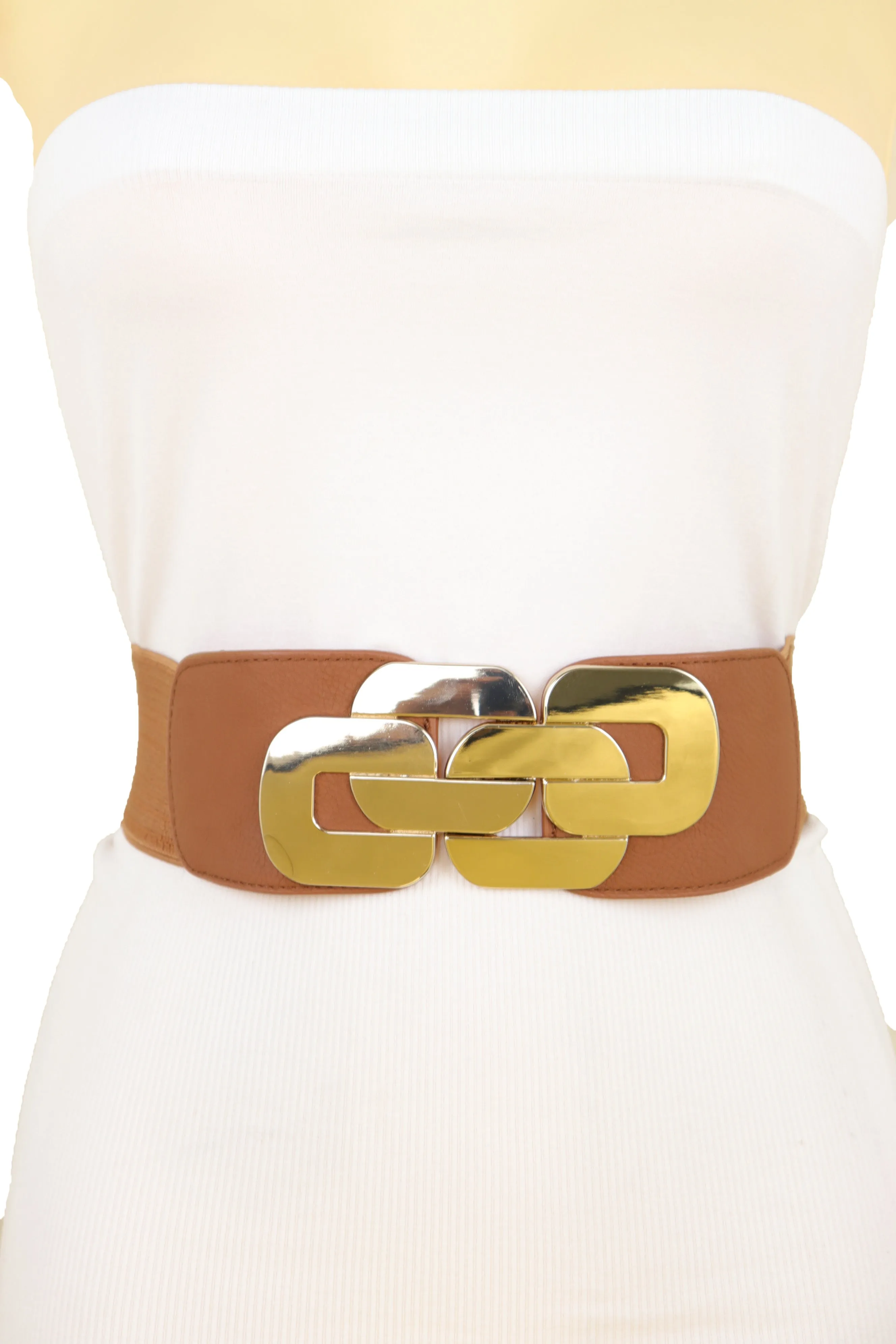 Stretch Brown Waistband Fashion Wide Belt Gold Metal Chain Link Buckle M L