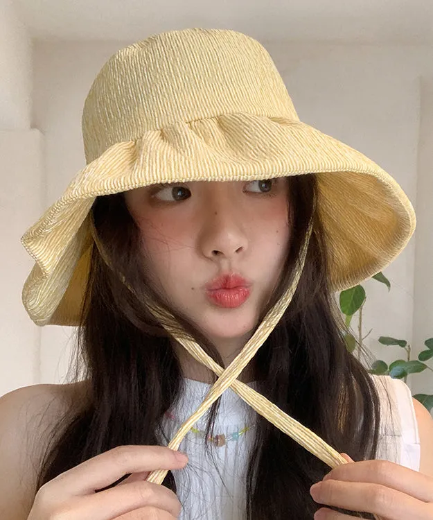 Striped Chic Yellow Hat Summer Bucket Large Brim