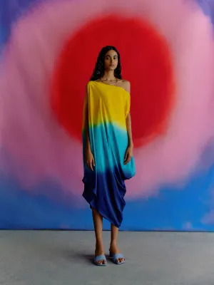 Studio Rigu   I   Womenswear, Western Leheriya Draped Dress Yellow/Blue/ Dark Blue Ombre Srdd001