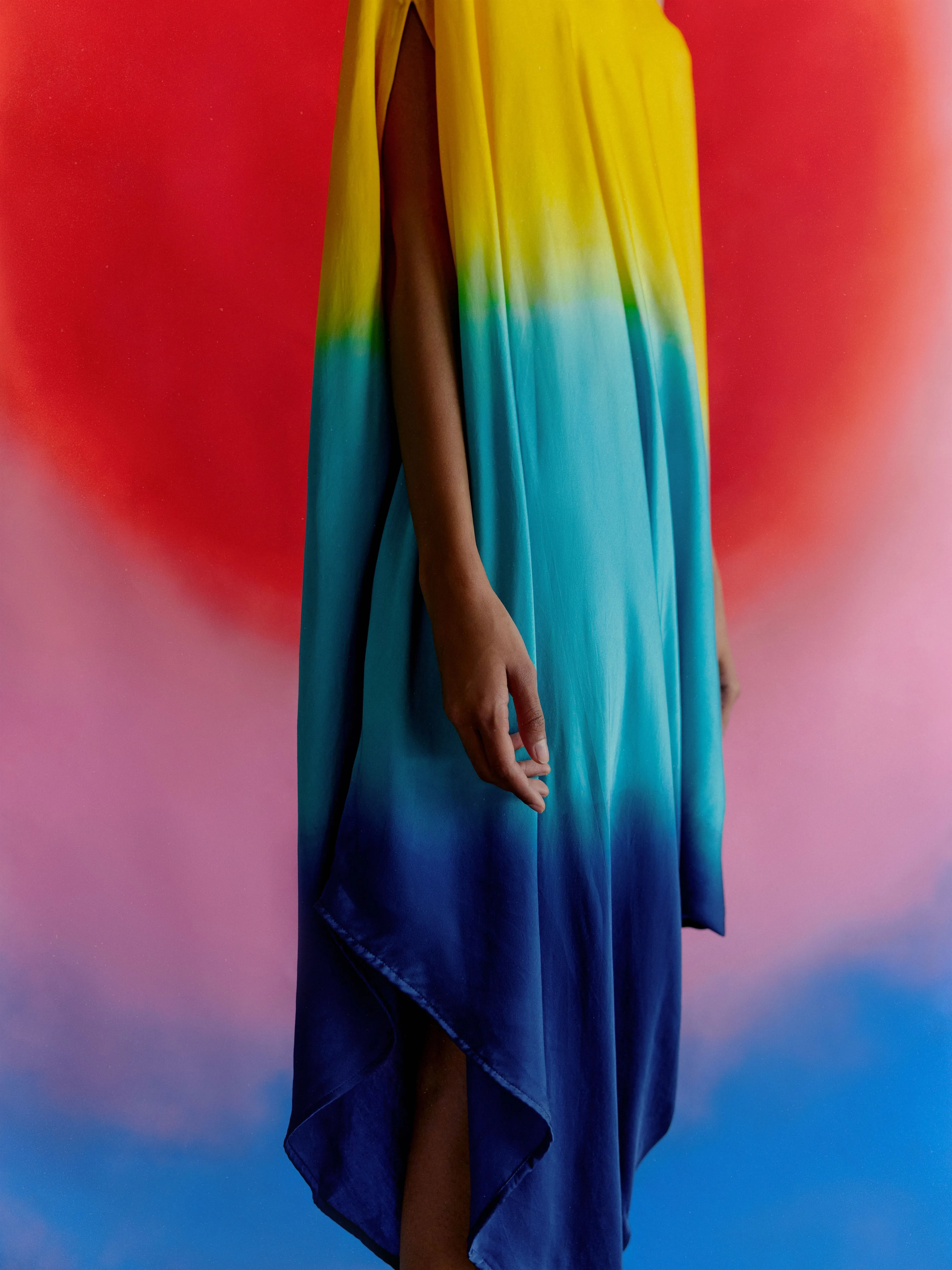 Studio Rigu   I   Womenswear, Western Leheriya Draped Dress Yellow/Blue/ Dark Blue Ombre Srdd001