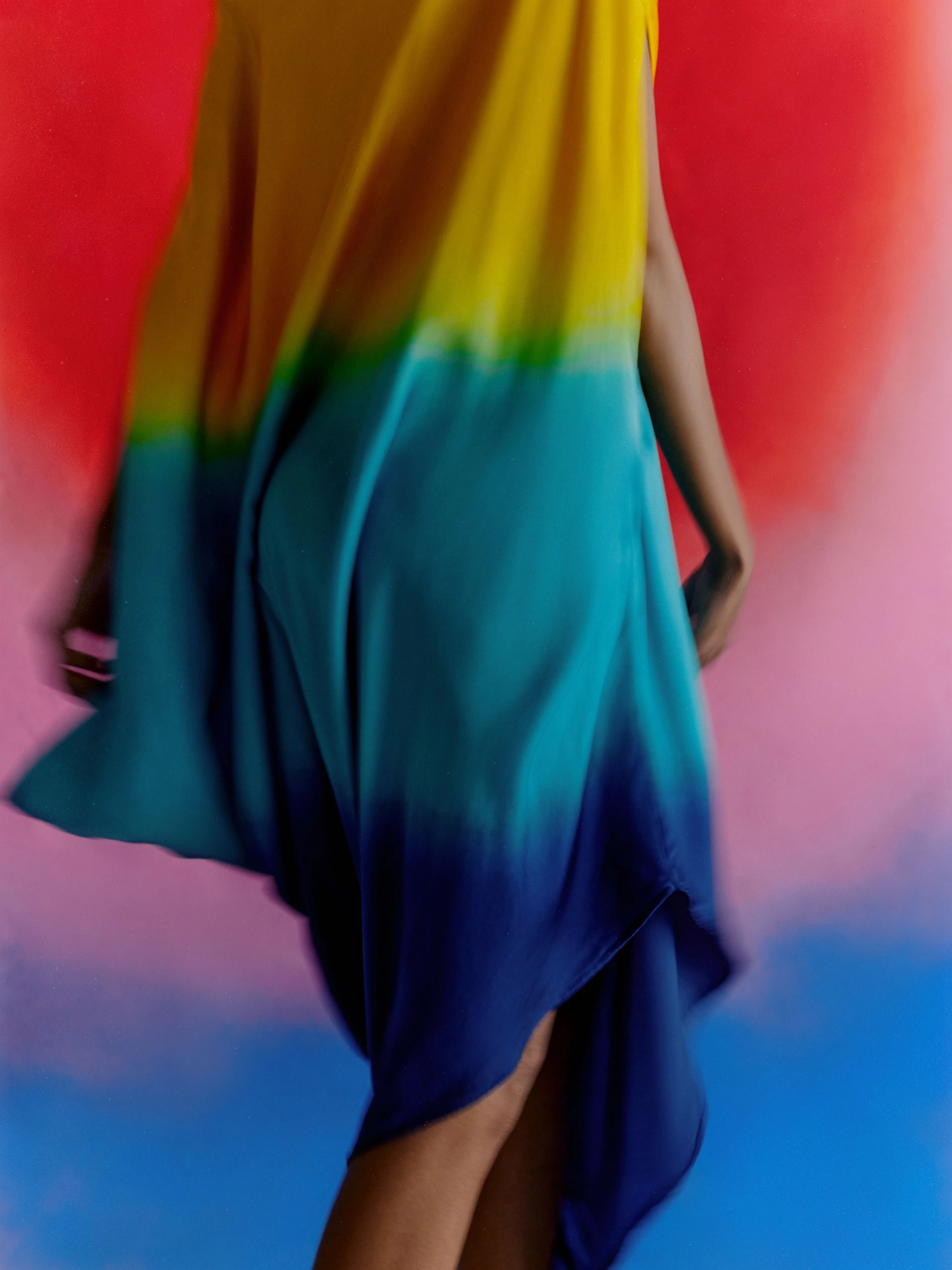 Studio Rigu   I   Womenswear, Western Leheriya Draped Dress Yellow/Blue/ Dark Blue Ombre Srdd001