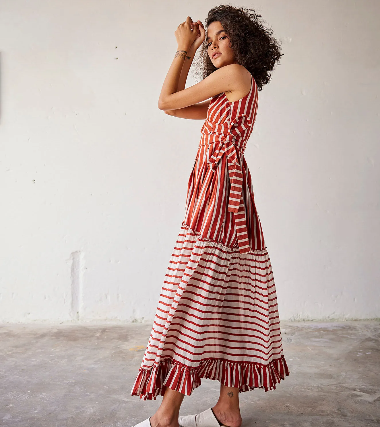 Summer Dress Cotton Boxpleats-Red Off White-Fashion Edit Indian Summer-KW831-Khara Kapas