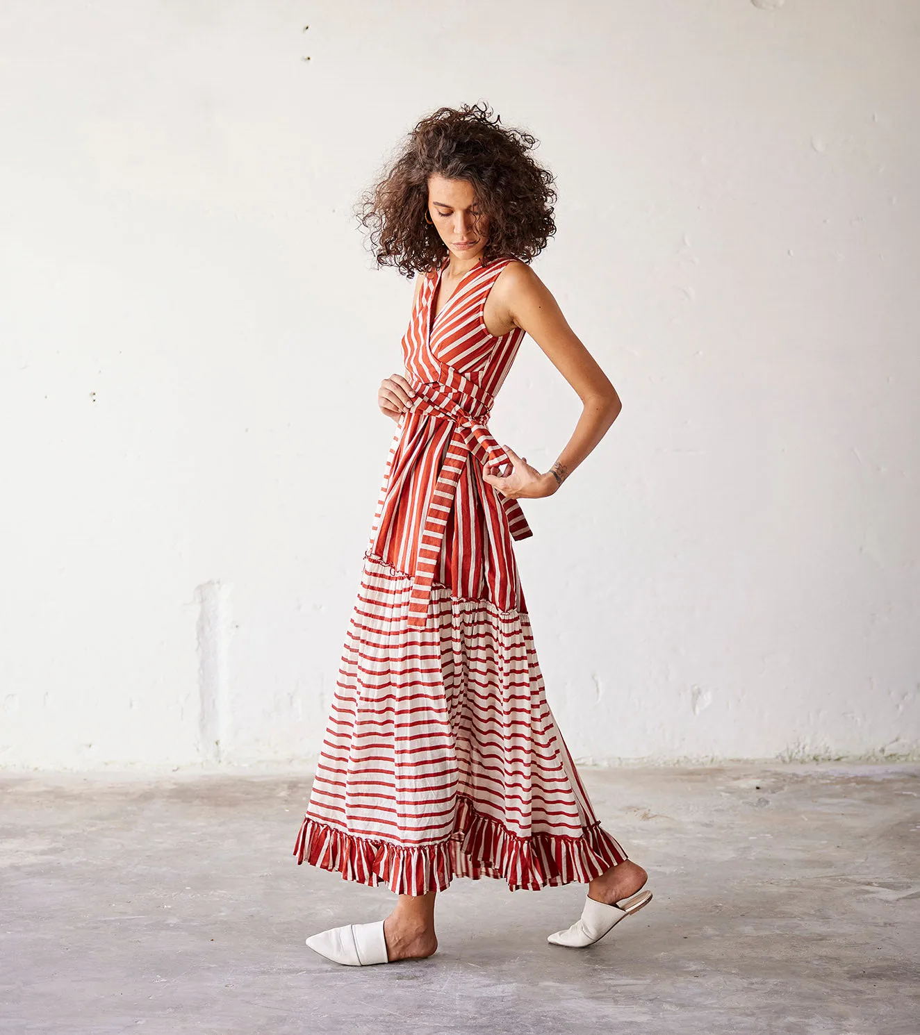 Summer Dress Cotton Boxpleats-Red Off White-Fashion Edit Indian Summer-KW831-Khara Kapas