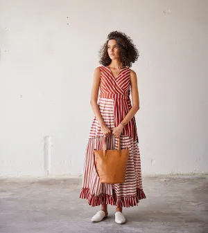 Summer Dress Cotton Boxpleats-Red Off White-Fashion Edit Indian Summer-KW831-Khara Kapas