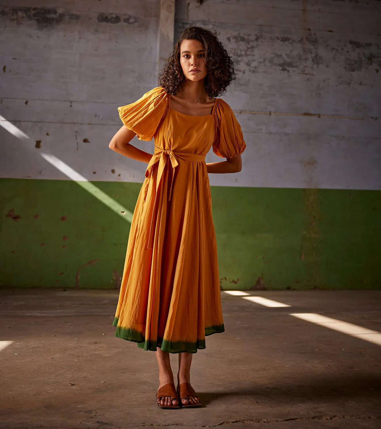 Summer Dress Cotton Puff Sleeves-Orange-Fashion Edit Indian Summer-KW823-Khara Kapas