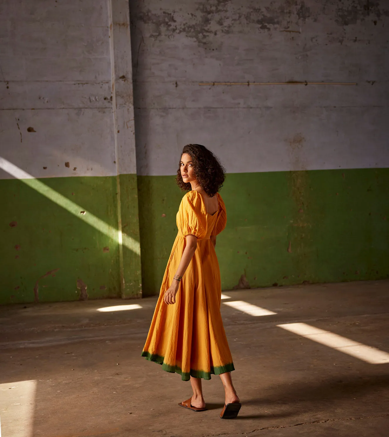 Summer Dress Cotton Puff Sleeves-Orange-Fashion Edit Indian Summer-KW823-Khara Kapas