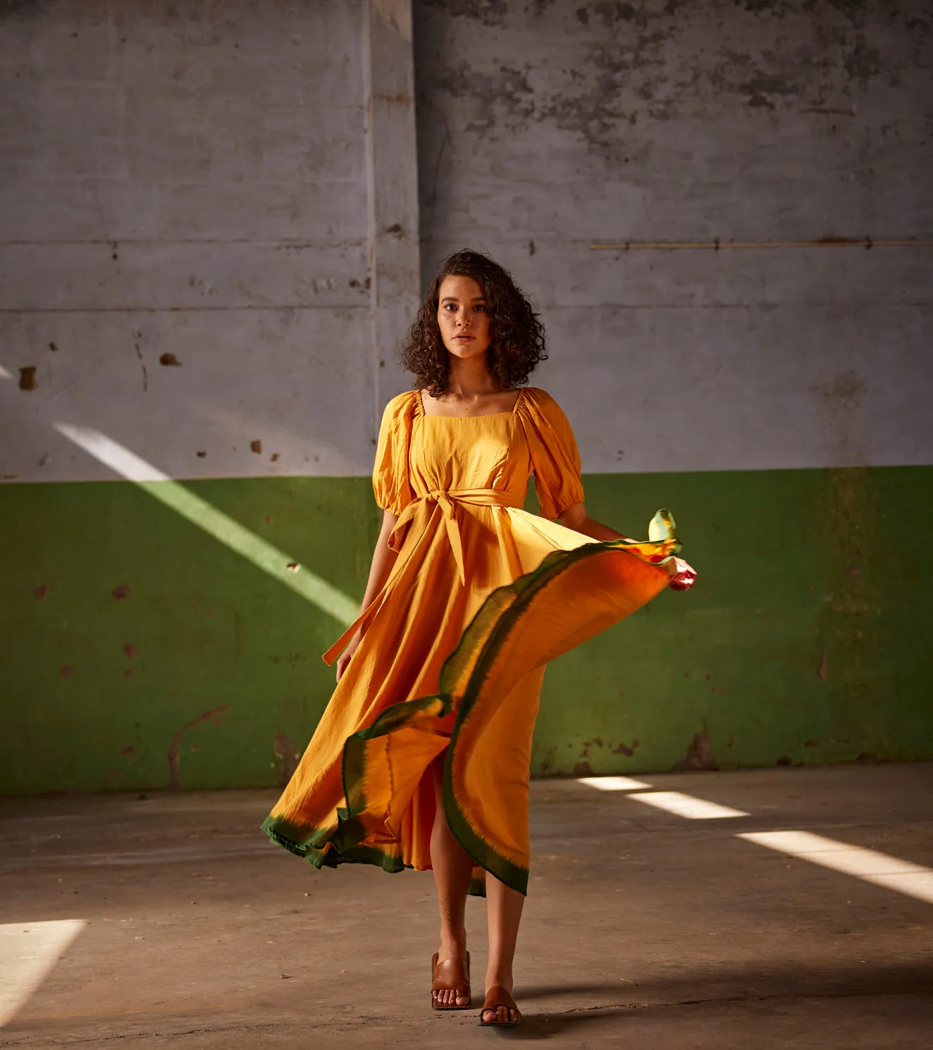 Summer Dress Cotton Puff Sleeves-Orange-Fashion Edit Indian Summer-KW823-Khara Kapas