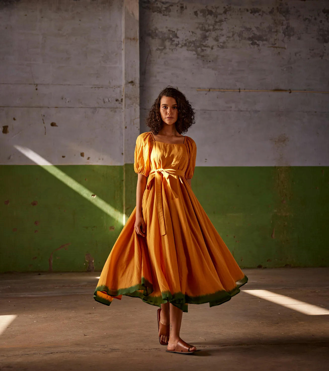 Summer Dress Cotton Puff Sleeves-Orange-Fashion Edit Indian Summer-KW823-Khara Kapas