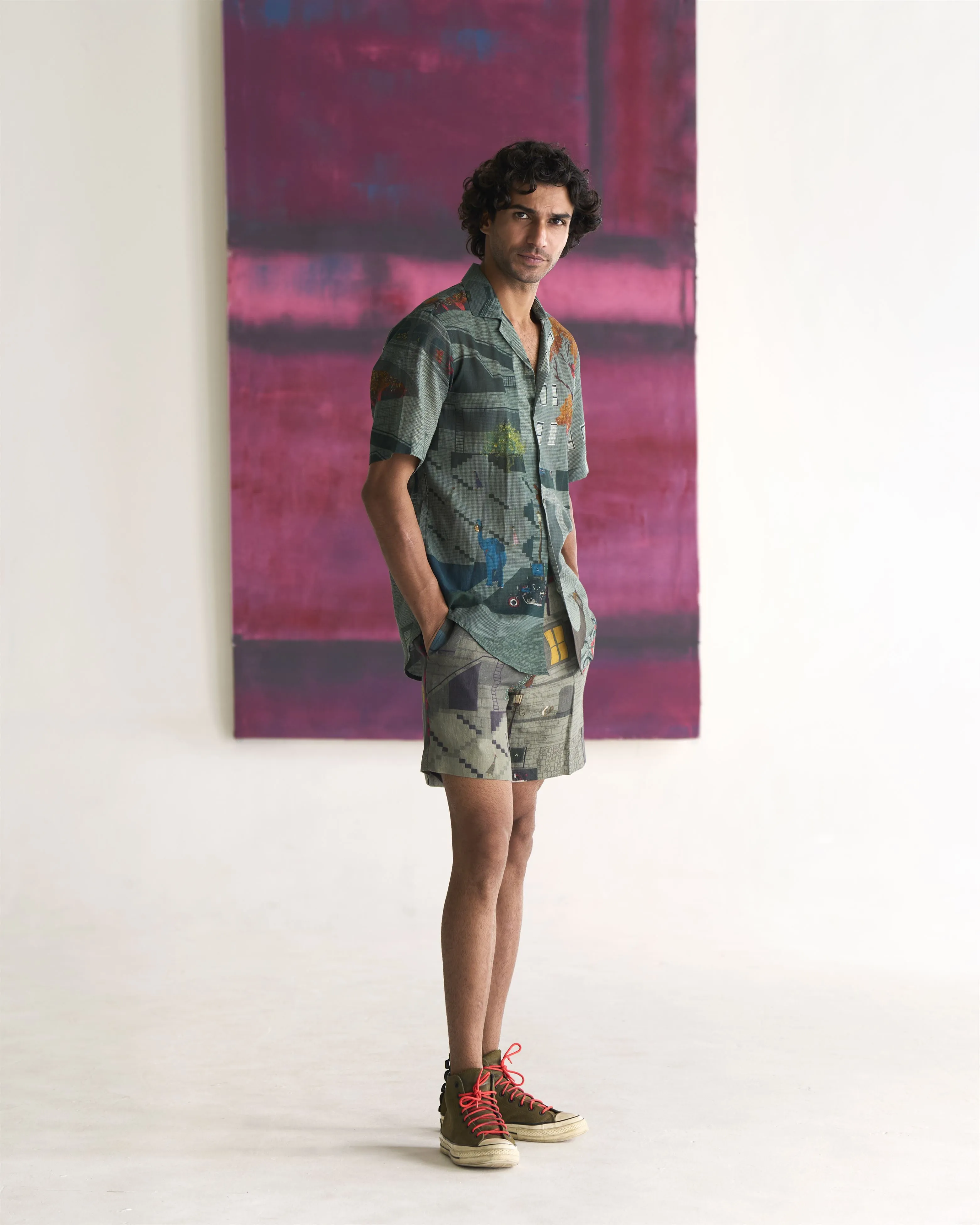 Summer Shorts Short Animal Linen Sage P114LI387 SuketDhir
