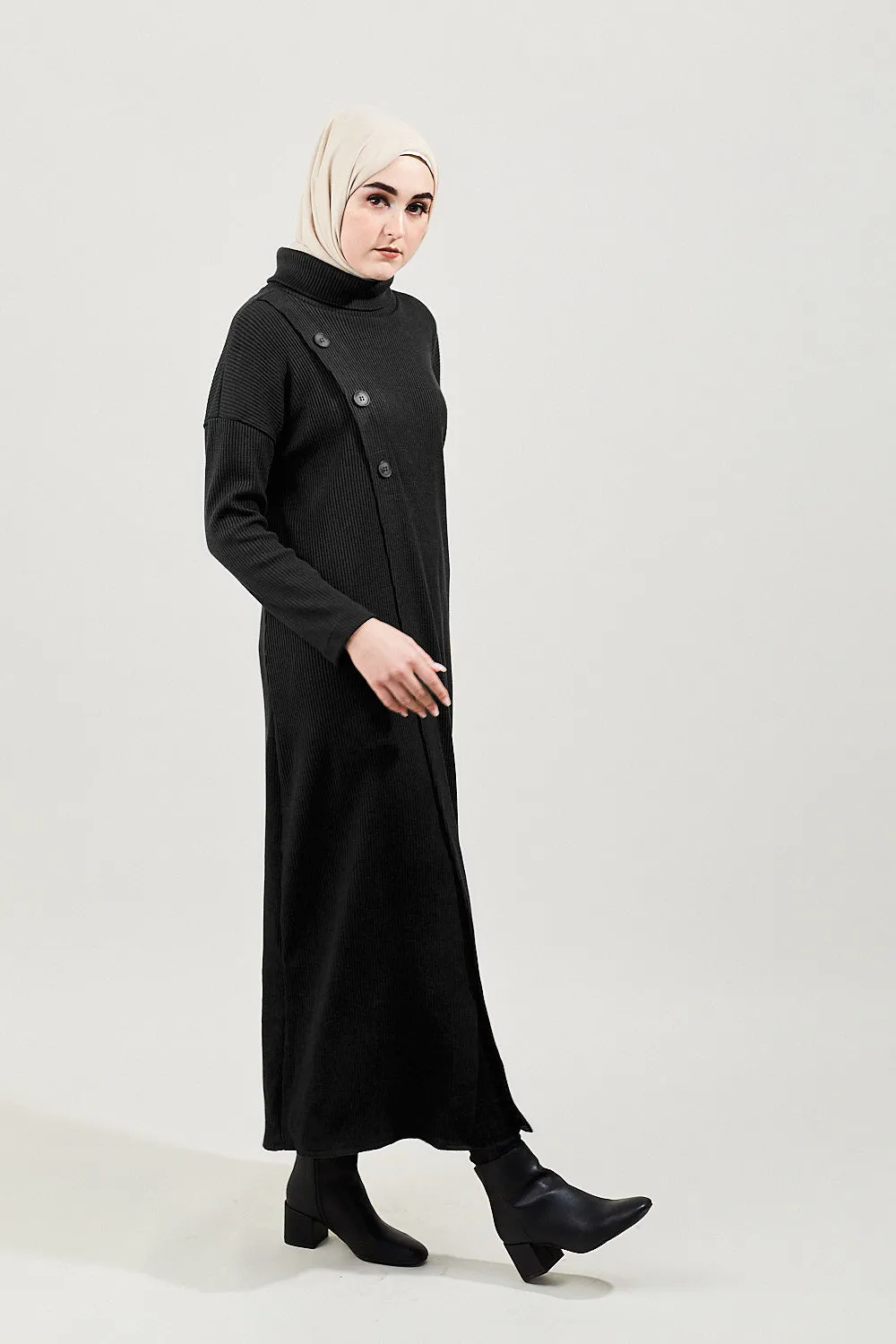 Tabia Modest Ribbed Cardigan | Black