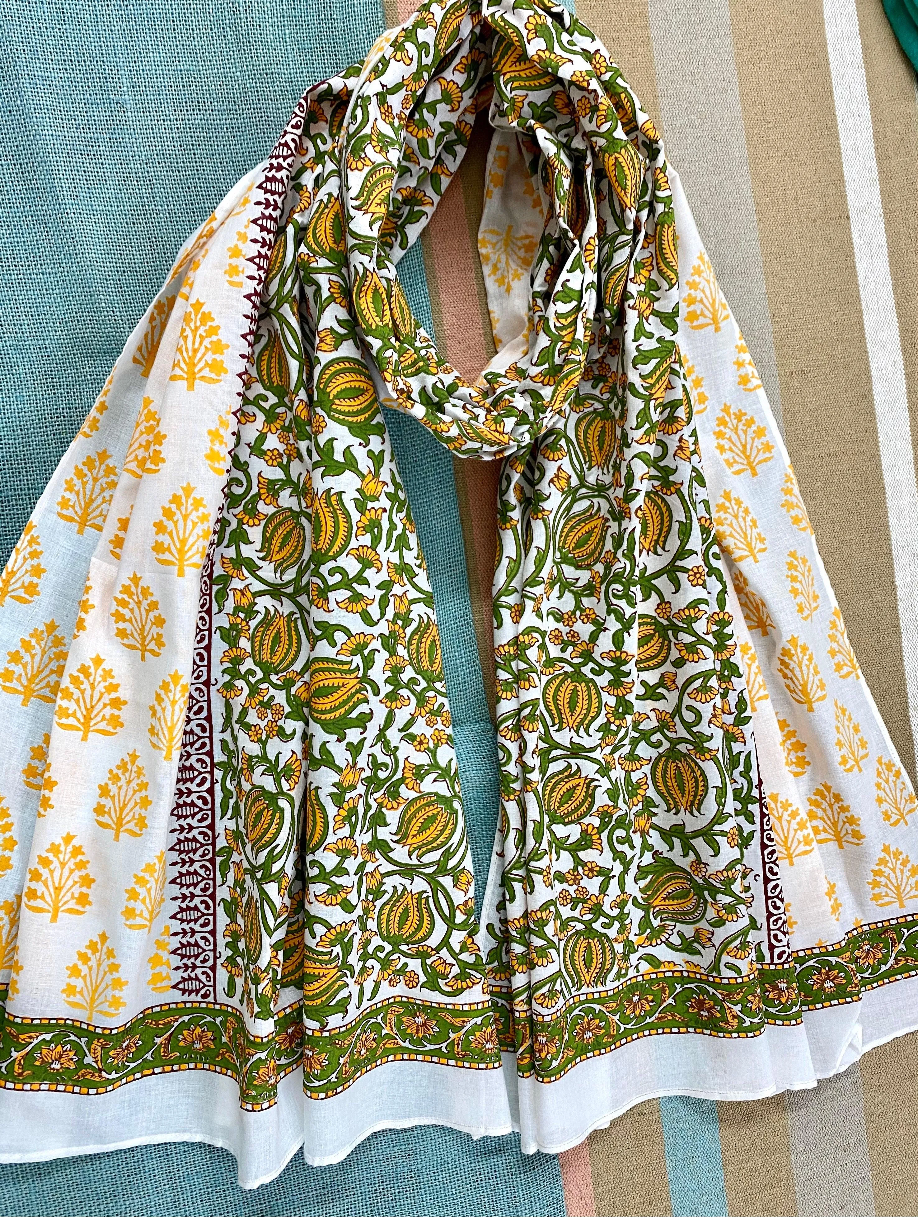 Tangy Green Kalamkari Block Printed Voile Cotton Scarf