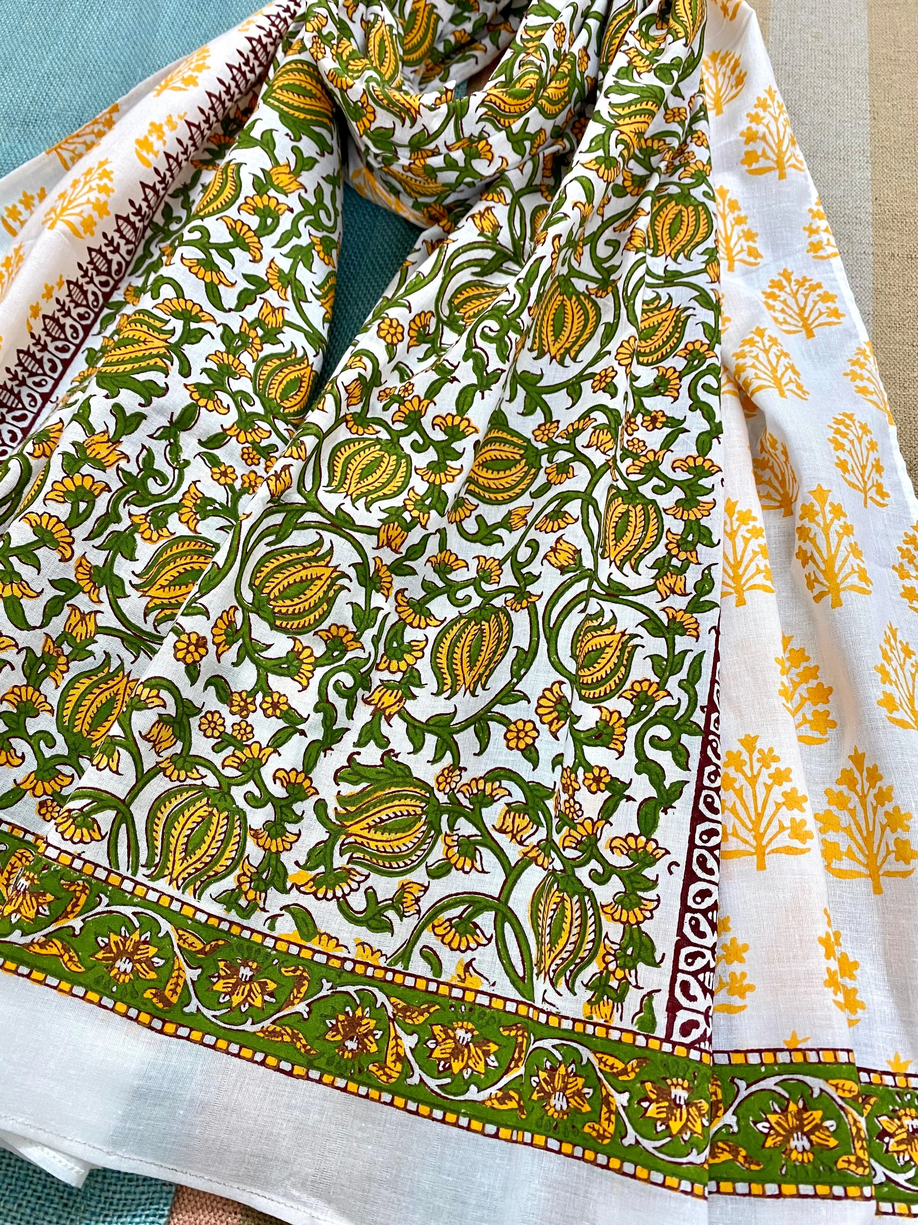 Tangy Green Kalamkari Block Printed Voile Cotton Scarf