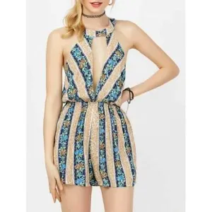 Tassel Cutout Floral Print Plunge Playsuit - Blue Gray L