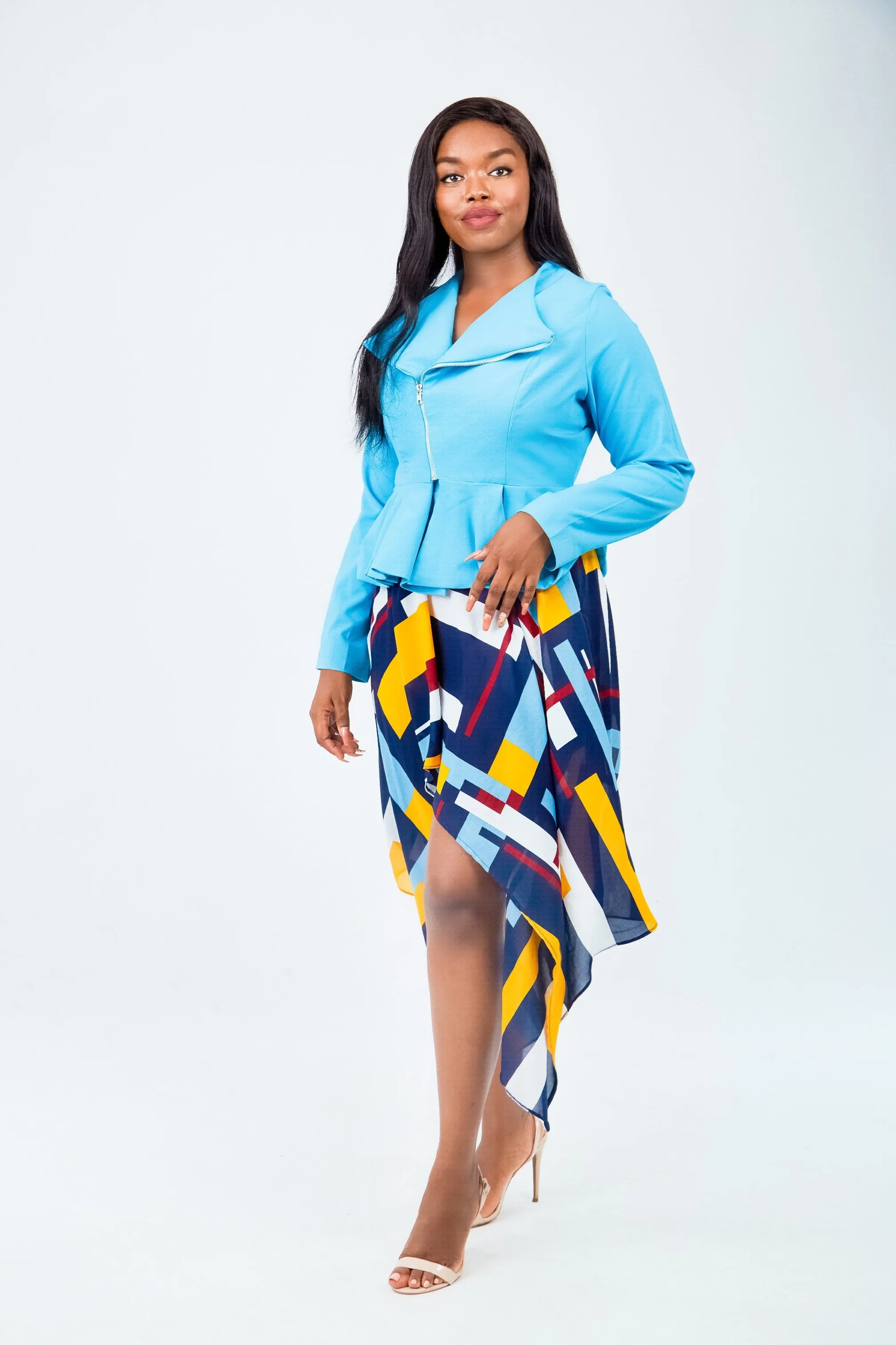 Teal Jacket Hilow Scarf Skirt Set