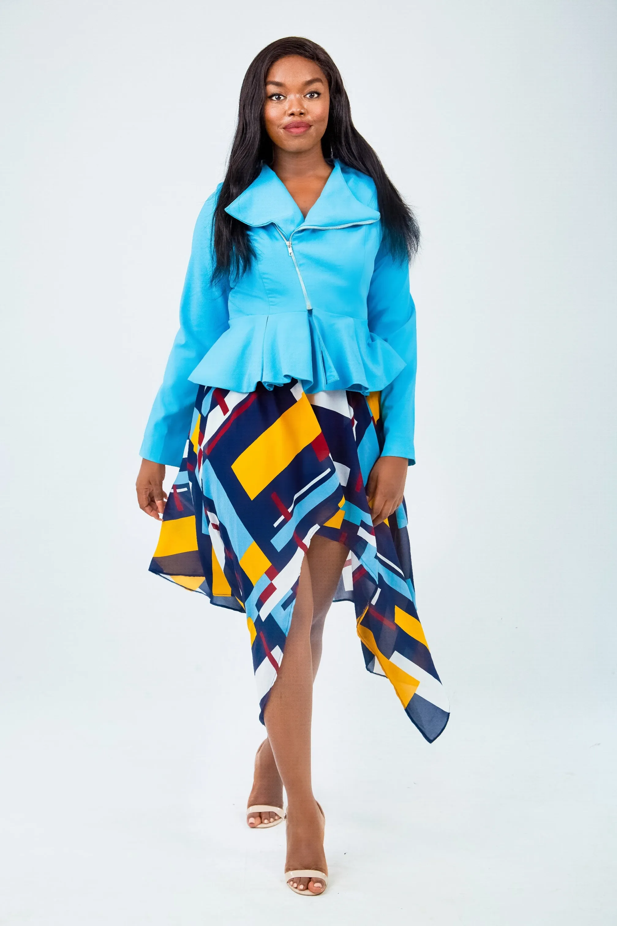 Teal Jacket Hilow Scarf Skirt Set