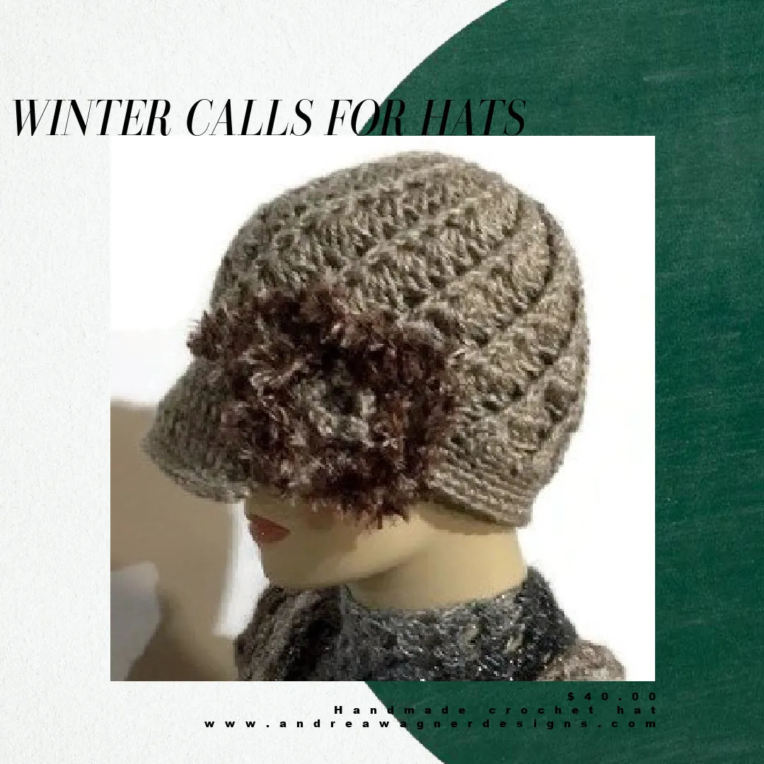 The beige crochet hat, handmade beanie with visor brim, acrylic yarn, woman size, ready to ship