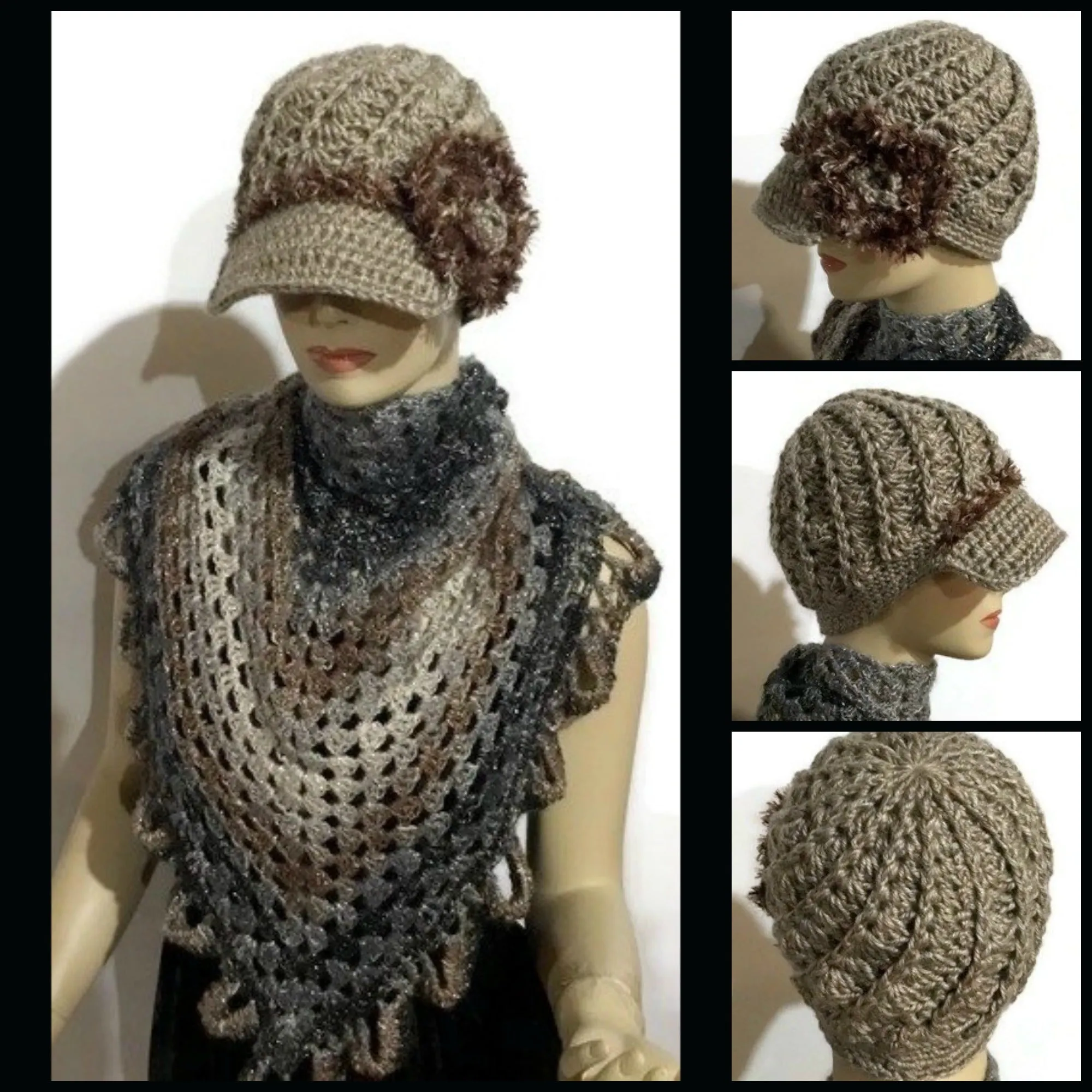 The beige crochet hat, handmade beanie with visor brim, acrylic yarn, woman size, ready to ship