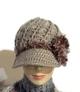 The beige crochet hat, handmade beanie with visor brim, acrylic yarn, woman size, ready to ship