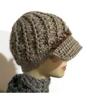 The beige crochet hat, handmade beanie with visor brim, acrylic yarn, woman size, ready to ship