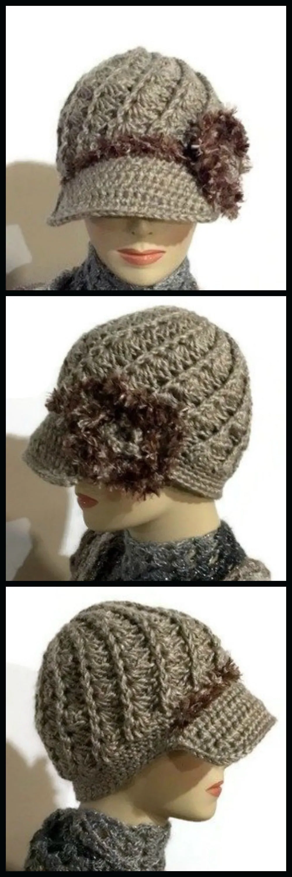 The beige crochet hat, handmade beanie with visor brim, acrylic yarn, woman size, ready to ship