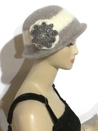 THE BELLA HAT, handmade women's  felted hat, Boho-chic style, light grey and cream hat, ready to ship