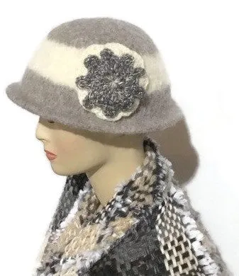 THE BELLA HAT, handmade women's  felted hat, Boho-chic style, light grey and cream hat, ready to ship