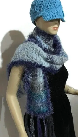 THE BLUE SKIES ALPACA SCARF, knitted alpaca scarf, woman size, one of a kind, gift for her, Christmas gift, winter wear