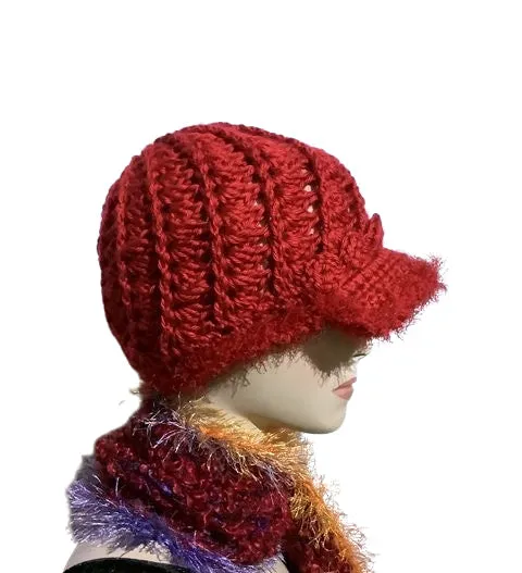 THE CHRISTMAS HAT, red handmade beanie, woman's size, size 23, crochet bus boy hat, for her, X-mas gift, hat with brim