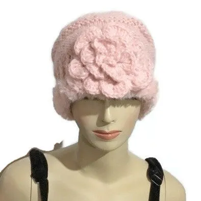 The Pink slouchy Hat, knit  beanie, pink alpaca, faux fur, woman's size, winter hat