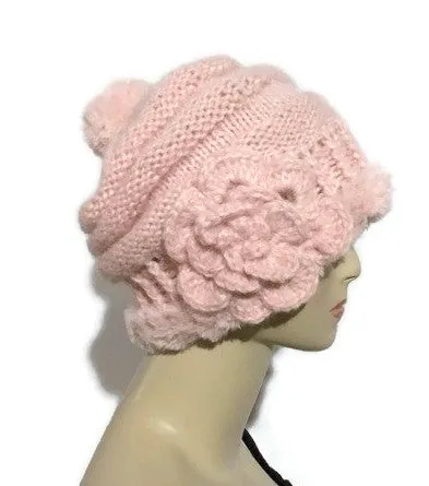 The Pink slouchy Hat, knit  beanie, pink alpaca, faux fur, woman's size, winter hat