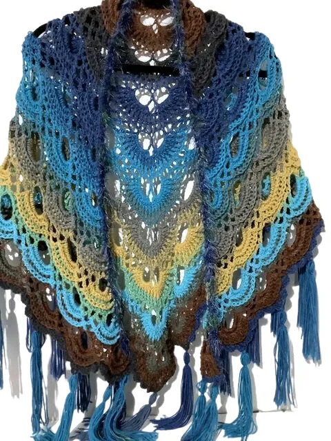 THE TURQUOISE BLUE DAISY SHAWL, woman's size, crochet wrap, bohemian style,