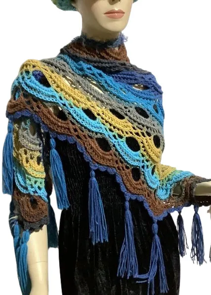 THE TURQUOISE BLUE DAISY SHAWL, woman's size, crochet wrap, bohemian style,