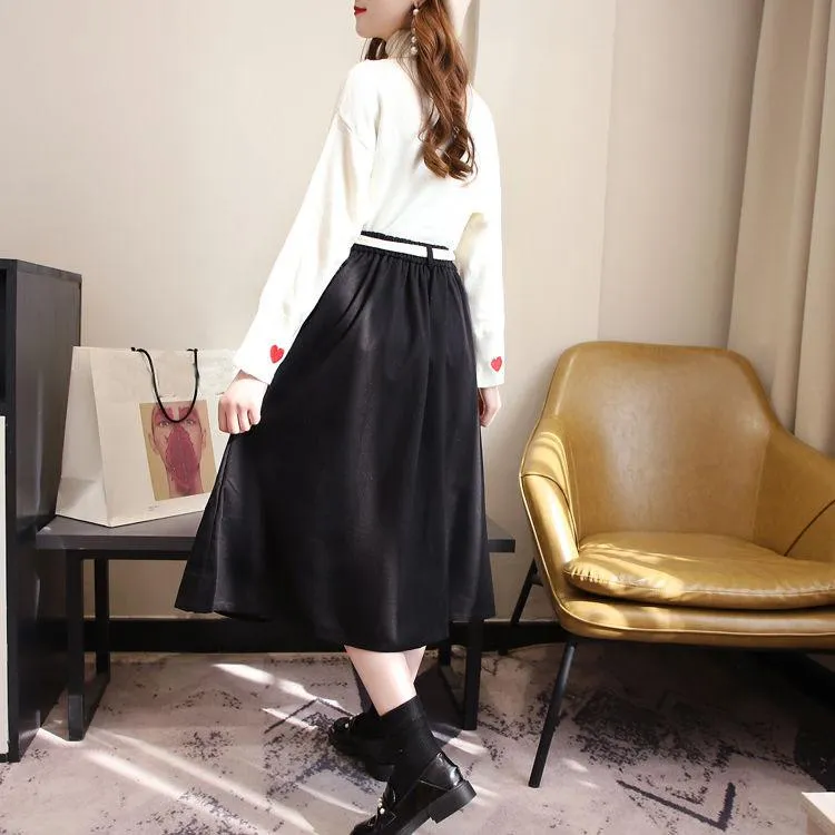 Thin Women Turtleneck Pullover Black Woolen Skirt Two Piece Knitted Bottoming Skirt Set Top