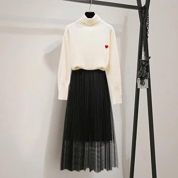 Thin Women Turtleneck Pullover Black Woolen Skirt Two Piece Knitted Bottoming Skirt Set Top