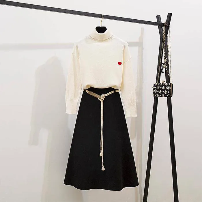 Thin Women Turtleneck Pullover Black Woolen Skirt Two Piece Knitted Bottoming Skirt Set Top