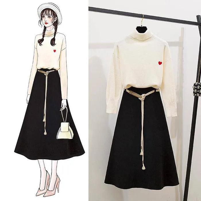 Thin Women Turtleneck Pullover Black Woolen Skirt Two Piece Knitted Bottoming Skirt Set Top