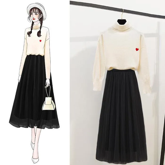 Thin Women Turtleneck Pullover Black Woolen Skirt Two Piece Knitted Bottoming Skirt Set Top