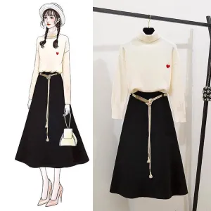 Thin Women Turtleneck Pullover Black Woolen Skirt Two Piece Knitted Bottoming Skirt Set Top