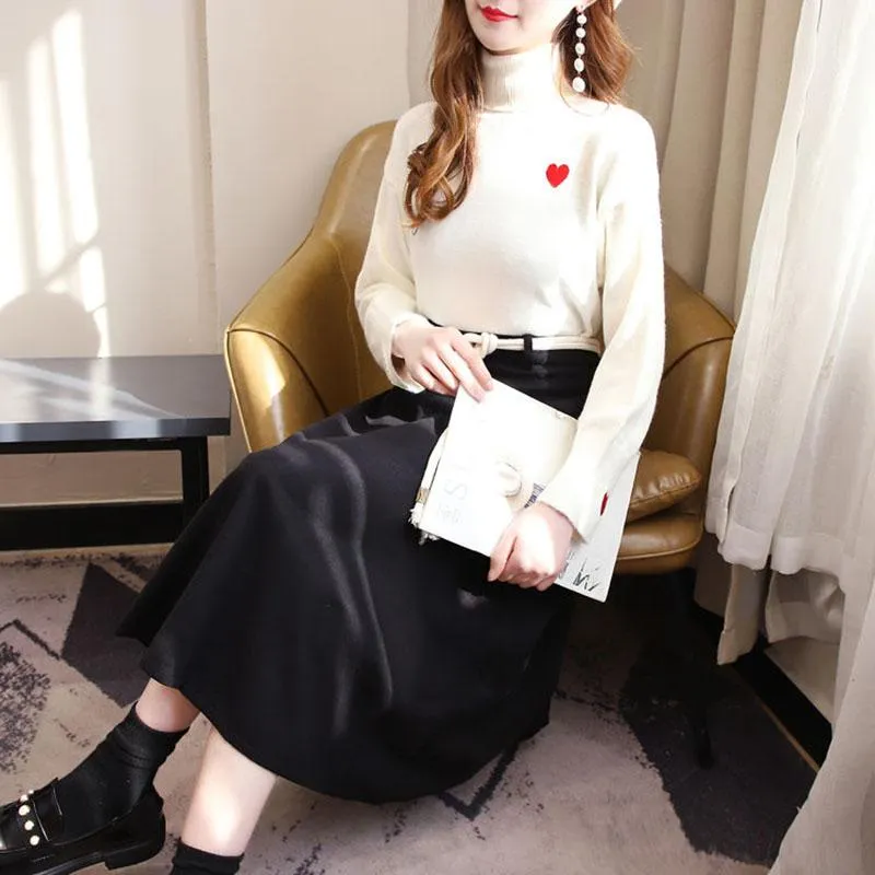 Thin Women Turtleneck Pullover Black Woolen Skirt Two Piece Knitted Bottoming Skirt Set Top