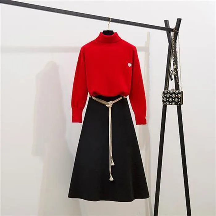 Thin Women Turtleneck Pullover Black Woolen Skirt Two Piece Knitted Bottoming Skirt Set Top