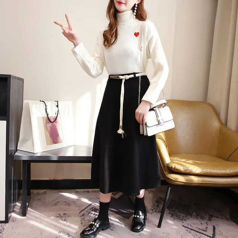 Thin Women Turtleneck Pullover Black Woolen Skirt Two Piece Knitted Bottoming Skirt Set Top