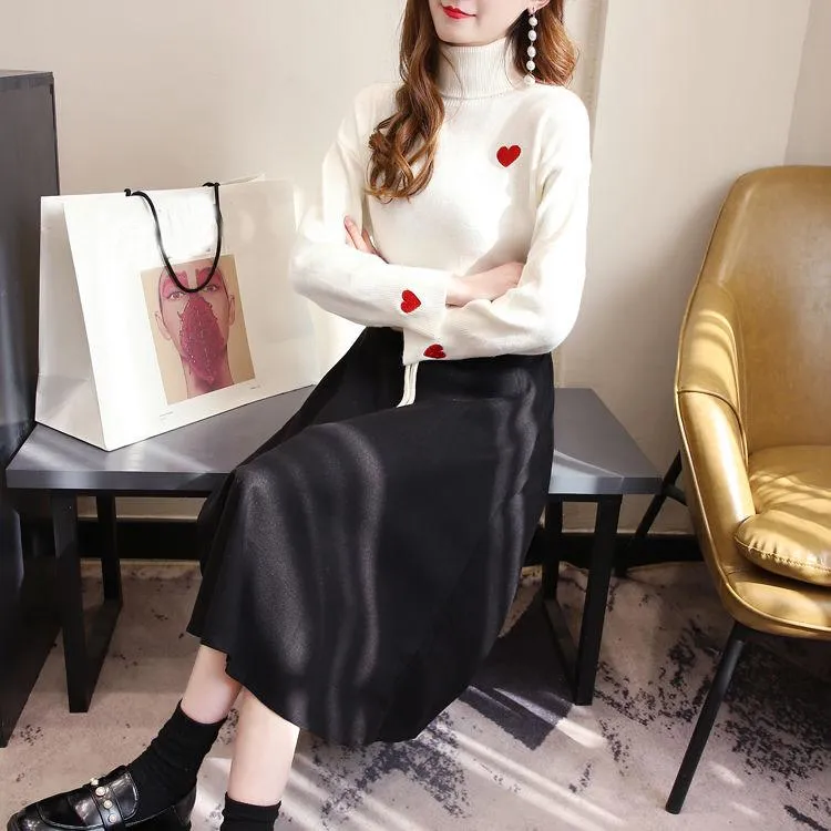 Thin Women Turtleneck Pullover Black Woolen Skirt Two Piece Knitted Bottoming Skirt Set Top