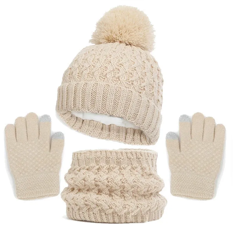 Toddlers Winter Warm Suits Knitted Hat Scarf and Gloves Set Solid Thermal Suit Boys Girls Caps Set Christmas Gift Winter Outfits