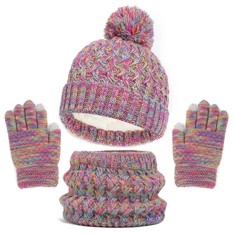 Toddlers Winter Warm Suits Knitted Hat Scarf and Gloves Set Solid Thermal Suit Boys Girls Caps Set Christmas Gift Winter Outfits