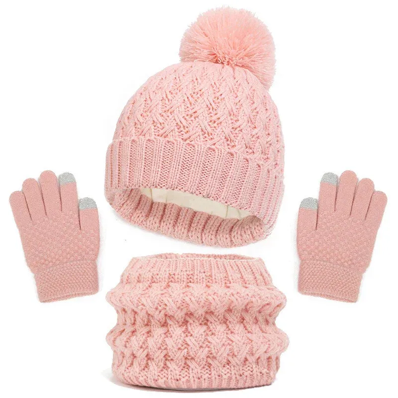 Toddlers Winter Warm Suits Knitted Hat Scarf and Gloves Set Solid Thermal Suit Boys Girls Caps Set Christmas Gift Winter Outfits