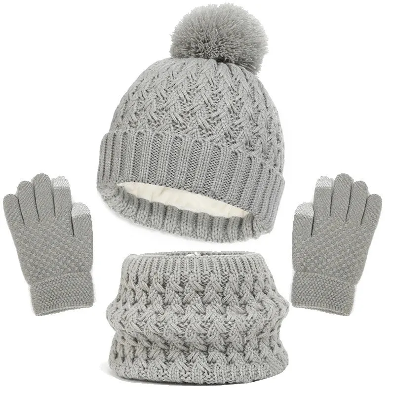 Toddlers Winter Warm Suits Knitted Hat Scarf and Gloves Set Solid Thermal Suit Boys Girls Caps Set Christmas Gift Winter Outfits