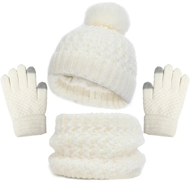 Toddlers Winter Warm Suits Knitted Hat Scarf and Gloves Set Solid Thermal Suit Boys Girls Caps Set Christmas Gift Winter Outfits
